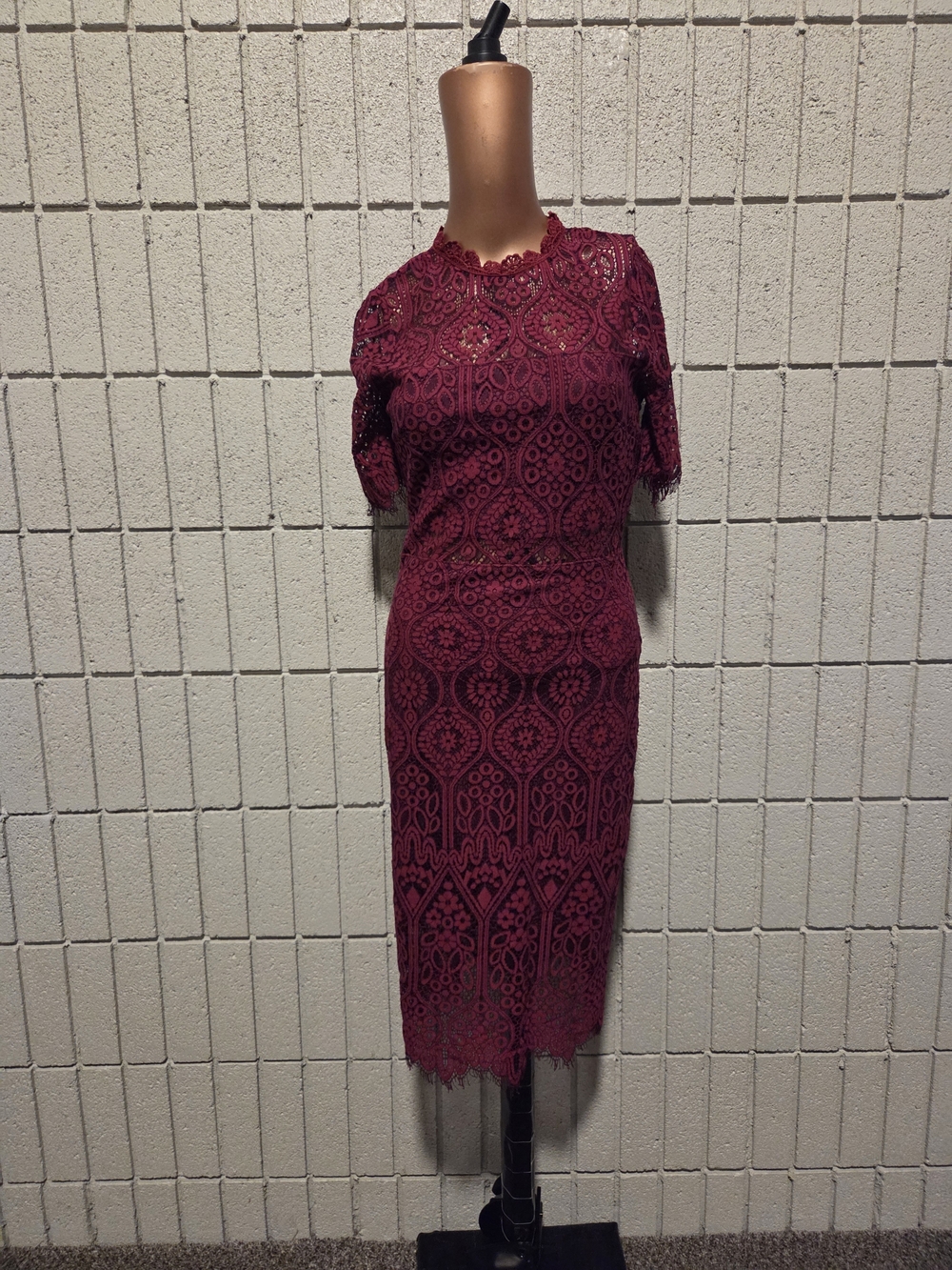 Lulu's Burgundy Lace Midi Dress with Scalloped Neckline